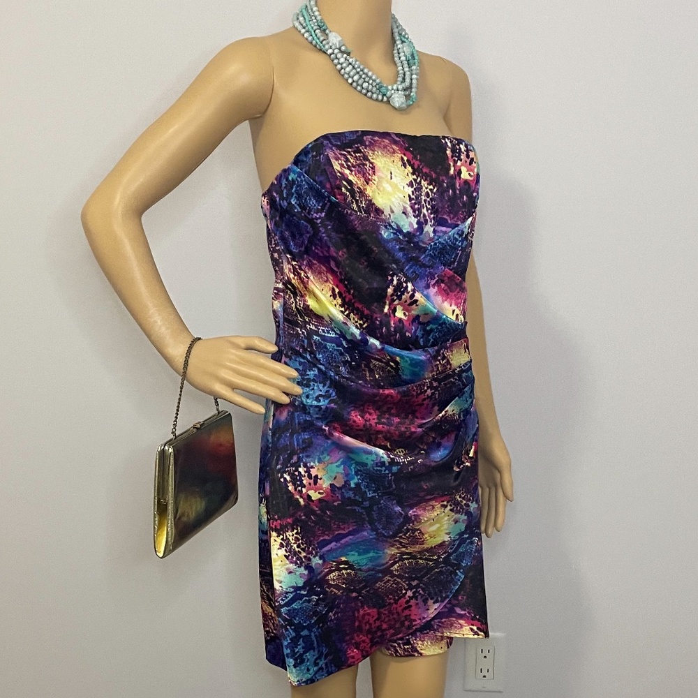 Fun Bright Psychedelic Strapless Pleated Asymmetr… - image 1